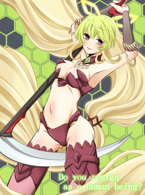 :d armlet armor armpits arms_up bandeau bangs between_thighs bikini_armor blonde_hair blush body_blush breasts bridal_gauntlets cleavage detached_collar english fingernails floating_hair from_side gem glowing gradient_hair green_hair groin hair_ornament hexagon holding honeycomb_(pattern) honeycomb_background jewelry kakumeiki_valvrave karupa_(moehageru) long_fingernails long_hair looking_at_viewer low-tied_long_hair medium_breasts multicolored_hair nail_polish navel necklace open_mouth pino_(valvrave) purple_eyes scythe smile solo spread_legs standing thighhighs turtleneck twintails two-tone_hair very_long_hair weapon