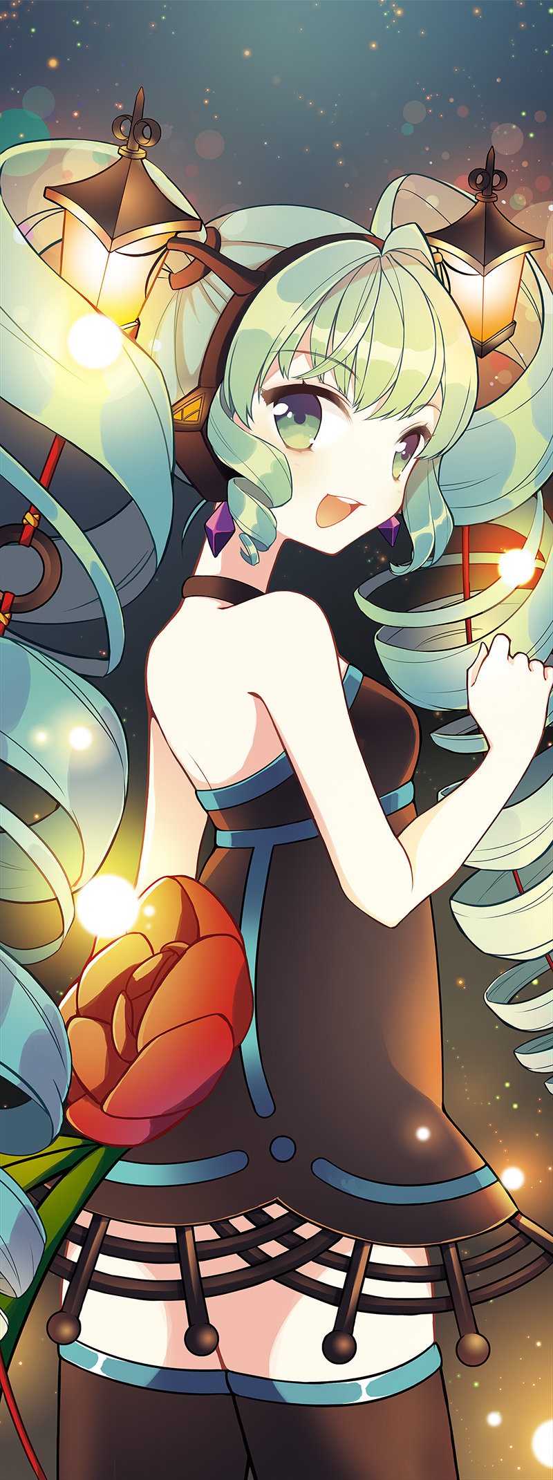 bad_id bad_pixiv_id dress drill_hair green_eyes green_hair hatsune_miku headphones highres lamp_miku lantern long_hair looking_at_viewer looking_back open_mouth panttwa solo thighhighs twin_drills twintails very_long_hair vocaloid