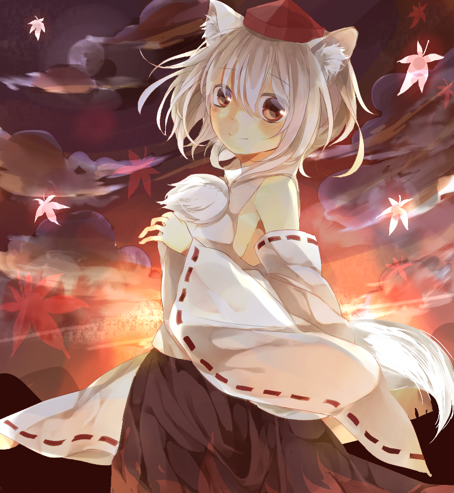 animal_ears autumn_leaves bare_shoulders cloud detached_sleeves hat inubashiri_momiji long_sleeves looking_at_viewer looking_back mountain red_eyes senju_(uroakono) shirt silver_hair skirt smile solo sunset tail tokin_hat touhou wide_sleeves wolf_ears wolf_tail