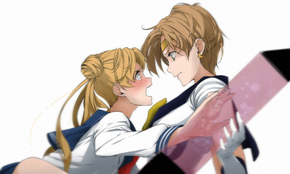 aconitea bad_id bad_pixiv_id bishoujo_senshi_sailor_moon blonde_hair blue_eyes blue_sailor_collar bow double_bun earrings eye_contact jewelry juuban_middle_school_uniform long_hair looking_at_another multiple_girls profile sailor_collar sailor_senshi sailor_senshi_uniform sailor_uranus school_uniform serafuku short_hair simple_background ten'ou_haruka tiara tsukino_usagi twintails very_short_hair white_background yellow_bow