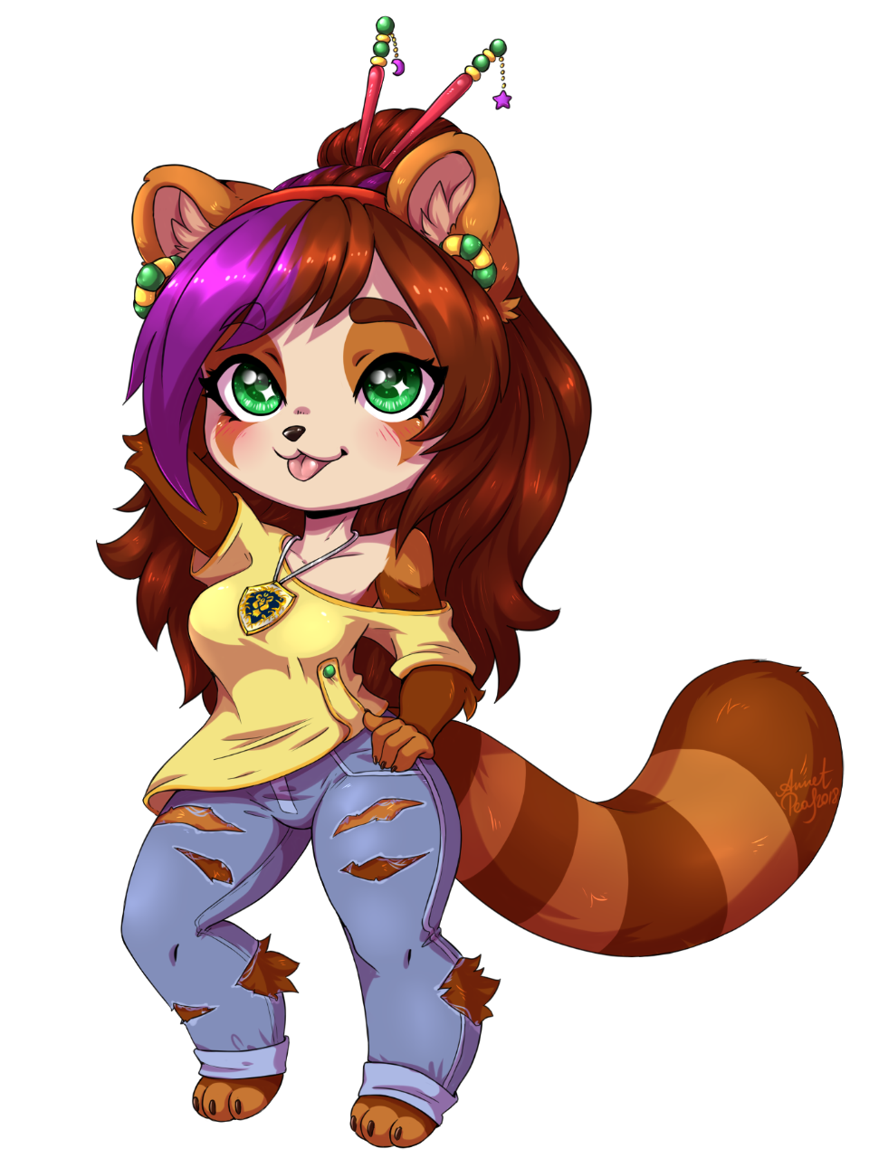 ailurid alpha_channel annetpeas anthro blep brown_fur brown_hair chibi clothing ear_piercing ear_ring fur green_eyes hair jeans jewelry mammal necklace pants piercing red_panda shirt simple_background smile solo standing tongue tongue_out transparent_background
