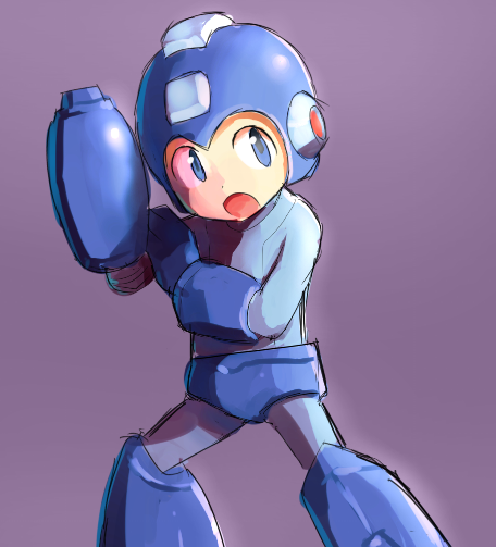 arm_cannon bad_id bad_pixiv_id blue_eyes helmet male_focus open_mouth rockman rockman_(character) simple_background sketch solo weapon yuki_(vicious)