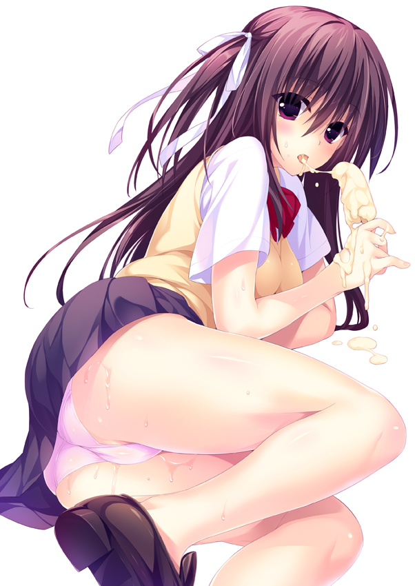ass bare_legs blush body_blush brown_hair dripping food hair_ribbon loafers long_hair looking_at_viewer melting no_socks open_mouth original oryou panties pink_panties popsicle purple_eyes ribbon school_uniform sexually_suggestive shoes short_sleeves simple_background skirt solo sweat sweater_vest tongue underwear white_background
