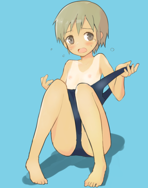 bad_id bad_pixiv_id barefoot blue_background blush collarbone crossdressing full_body knees_up looking_at_viewer male_focus nipples one-piece_swimsuit open_mouth otoko_no_ko short_hair simple_background sitting solo swimsuit tan tanline tears toes undressing yuki_(vicious)