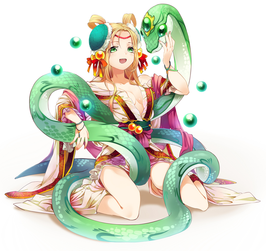 :d bad_id bad_pixiv_id bare_shoulders blonde_hair breasts china_dress chinese_clothes cleavage dress green_eyes hair_ornament hair_ribbon looking_at_viewer medium_breasts meimei_(p&amp;d) open_mouth puzzle_&amp;_dragons ribbon smile snake solo turtle_shell xenpo