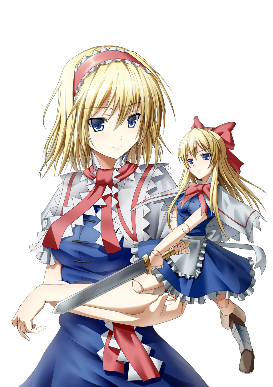 alice_margatroid apron bad_id bad_pixiv_id blonde_hair blue_eyes blush bow breasts capelet crossed_arms doll doll_joints dress hair_bow hairband highres lolita_hairband long_hair medium_breasts multiple_girls ribbon sash shanghai_doll shiseki_hirame short_hair short_sleeves simple_background skirt smile sword touhou weapon white_background