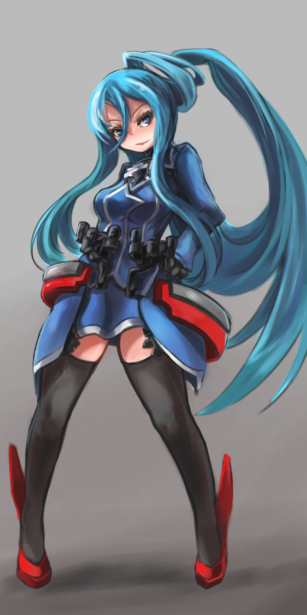 aoki_hagane_no_arpeggio aqua_eyes aqua_hair arceonn black_legwear cosplay hair_rings highres kantai_collection long_hair namesake sidelocks solo takao_(aoki_hagane_no_arpeggio) takao_(kantai_collection) takao_(kantai_collection)_(cosplay) thighhighs uniform very_long_hair