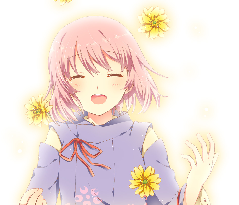 blush closed_eyes facing_viewer flower harukanaru_toki_no_naka_de harukanaru_toki_no_naka_de_1 motomiya_akane open_mouth pink_hair short_hair simple_background smile solo touon white_background
