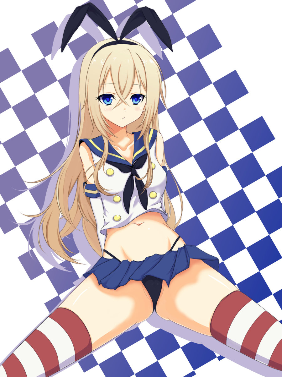 arms_behind_back azel_(alt6633) black_panties blonde_hair blue_eyes checkered checkered_background elbow_gloves gloves hairband highres kantai_collection long_hair navel panties shimakaze_(kantai_collection) solo spread_legs striped striped_legwear thighhighs underwear