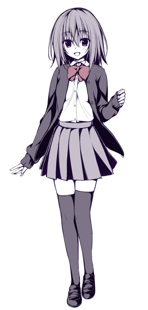 :d blush cardigan dress_shirt full_body loafers long_sleeves looking_at_viewer monochrome open_cardigan open_clothes open_mouth original oryou school_uniform shirt shoes short_hair simple_background skirt smile solo thighhighs white_background zettai_ryouiki