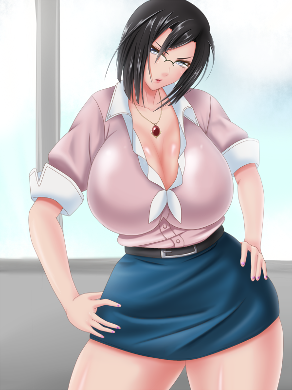 1girl black_hair breasts cleavage glasses huge_breasts jewelry looking_at_viewer necklace saogokushi short_hair solo