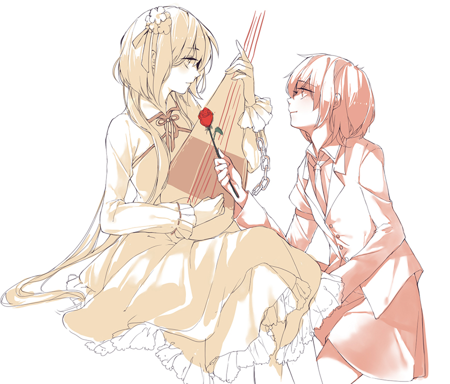 biwa_lute blush chain couple dress flower frills hair_flower hair_ornament horikawa_raiko hug_(yourhug) instrument jacket long_hair long_sleeves looking_at_another lute_(instrument) monochrome multiple_girls music necktie playing_instrument profile red_flower red_rose rose shirt short_hair simple_background sitting sketch skirt smile spot_color touhou tsukumo_benben twintails white_background yuri