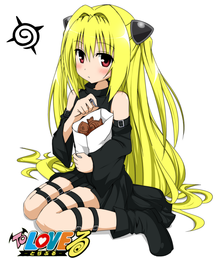 blonde_hair blush copyright_name detached_sleeves konjiki_no_yami long_hair looking_at_viewer red_eyes simple_background sitting sky_(freedom) solo thigh_strap to_love-ru very_long_hair wariza white_background