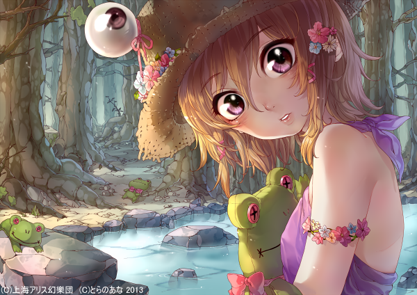 armlet backless_outfit bare_shoulders blonde_hair day flower forest hair_flower hair_ornament hair_ribbon hat hat_flower head_tilt lips looking_at_viewer moriya_suwako nature outdoors parted_lips path purple_eyes ribbon road rock rojiko short_hair sidelocks solo stuffed_animal stuffed_frog stuffed_toy touhou water wide-eyed