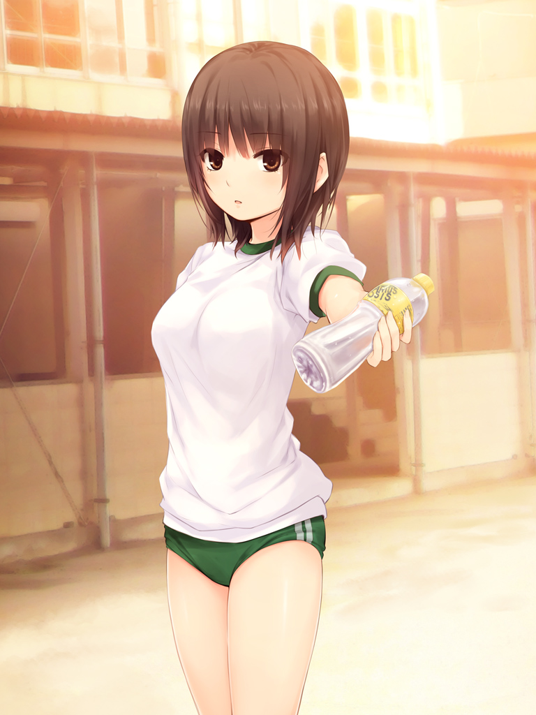 aoyama_sumika bangs bottle breasts brown_eyes brown_hair building buruma coffee-kizoku cowboy_shot eyebrows_visible_through_hair foreshortening gym_uniform holding holding_bottle looking_at_viewer medium_breasts original outdoors parted_lips reaching_out short_hair short_sleeves solo standing sunset water_bottle window