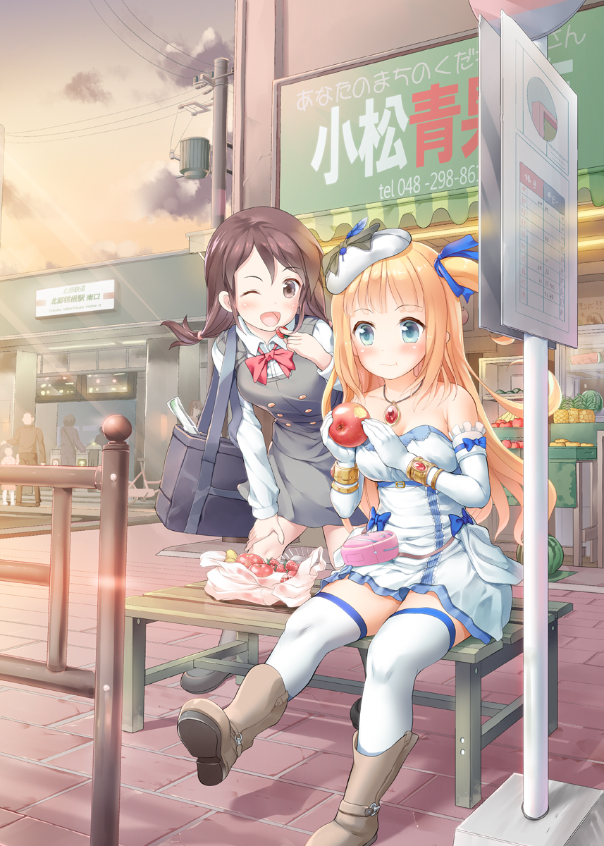 ;d apple bag bench blonde_hair blue_eyes boots bow bowtie brown_eyes brown_hair dress elbow_gloves food fruit gloves happy hat highres jewelry long_hair multiple_girls necklace one_eye_closed one_side_up open_mouth original pendant pinafore_dress school_uniform side_ponytail sitting smile strawberry takasaka_donten thighhighs