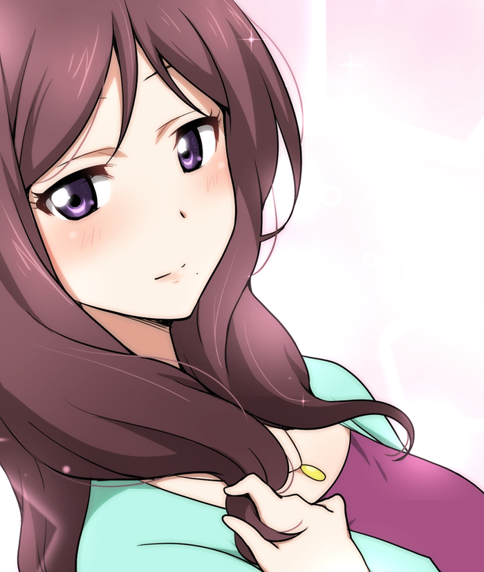 bad_id bad_pixiv_id blush brown_hair hair_twirling ikari_manatsu jewelry long_hair looking_at_viewer looking_to_the_side love_live! love_live!_school_idol_project necklace nishikino_maki's_mother purple_eyes smile solo