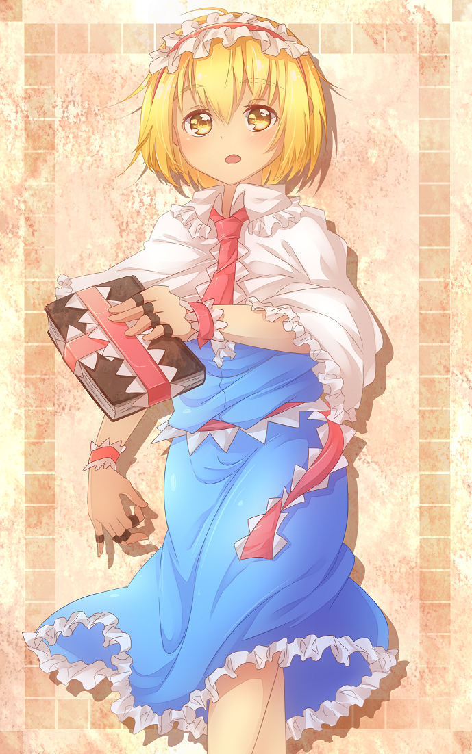 alice_margatroid blonde_hair book border capelet dress gradient gradient_background hairband hiro32-the-bbc lolita_hairband looking_at_viewer open_mouth puppet_rings ribbon sash shadow short_hair solo touhou wrist_cuffs yellow_eyes