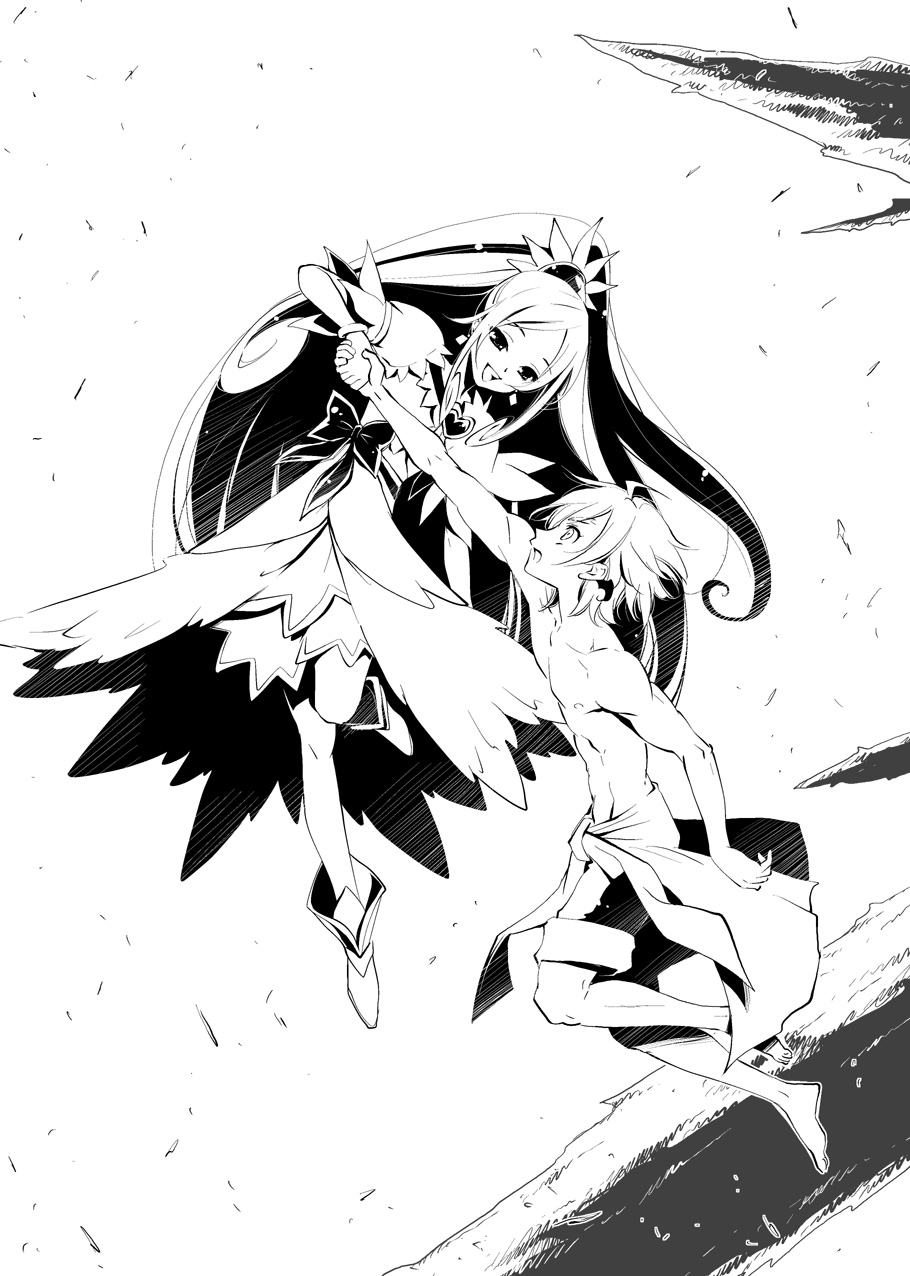 1girl bat_wings choker cure_diamond dokidoki!_precure greyscale highres hishikawa_rikka holding_hands ira_(dokidoki!_precure) long_hair magical_girl monochrome ponytail precure ribbon smile tuqi_pix wings