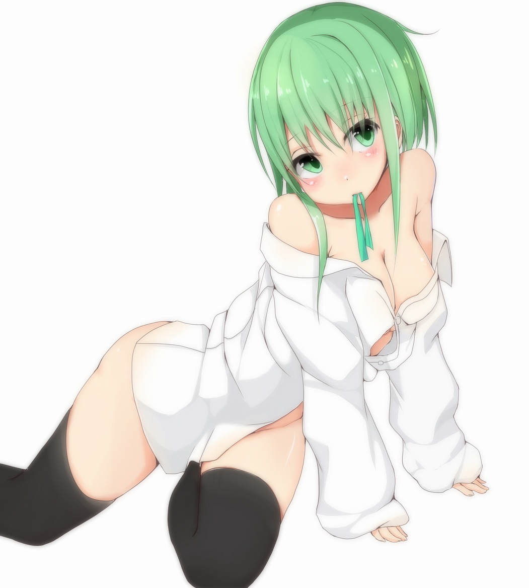 bare_shoulders black_legwear blush breasts cleavage error green_eyes green_hair gumi medium_breasts mouth_hold naked_shirt ratsuku_kinoko shirt short_hair simple_background solo thighhighs vocaloid white_background