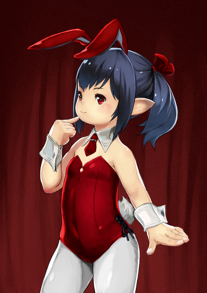 animal_ears bare_shoulders black_hair blush bunny_ears bunny_girl bunny_tail bunnysuit detached_collar final_fantasy final_fantasy_xiv hair_ribbon lalafell looking_at_viewer muuten pantyhose pointy_ears ponytail red_eyes ribbon short_hair smile solo tail white_legwear wrist_cuffs