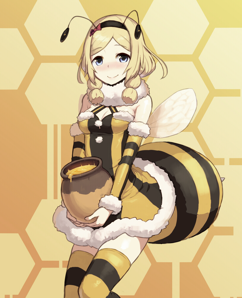 antennae bee_costume blonde_hair blue_eyes blush breasts chiwino cleavage detached_sleeves hairband honey looking_at_viewer md5_mismatch navel panties patterned_background pretty_(series) pretty_rhythm pretty_rhythm_rainbow_live small_breasts smile solo striped striped_panties takanashi_otoha thighhighs underwear wings yellow