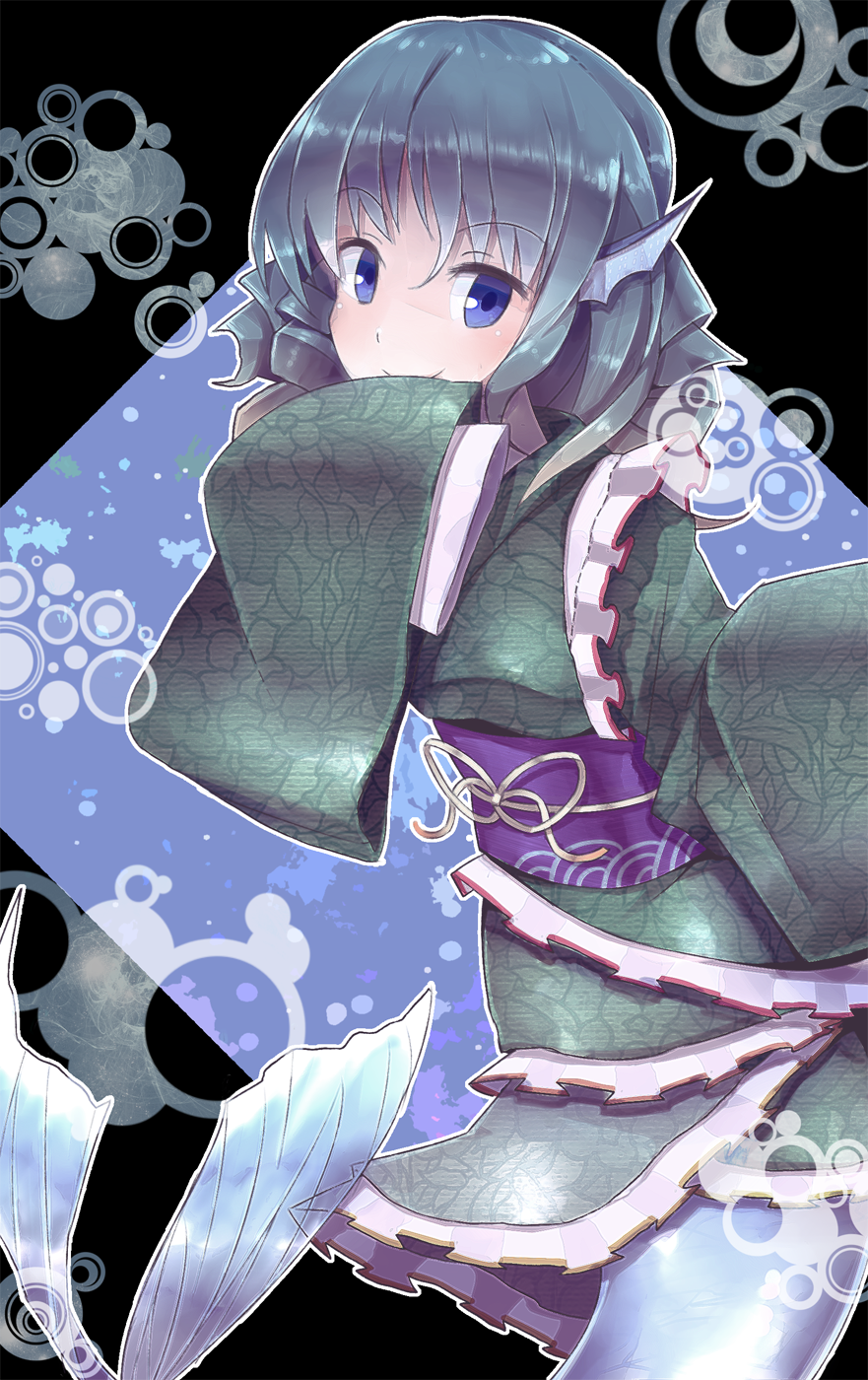 animal_ears bad_id bad_pixiv_id blue_eyes blue_hair floral_print hand_to_own_mouth head_fins highres japanese_clothes kimono long_sleeves looking_at_viewer mermaid monster_girl obi sanuki_(zigzagflamberge) sash short_hair smile touhou wakasagihime wide_sleeves