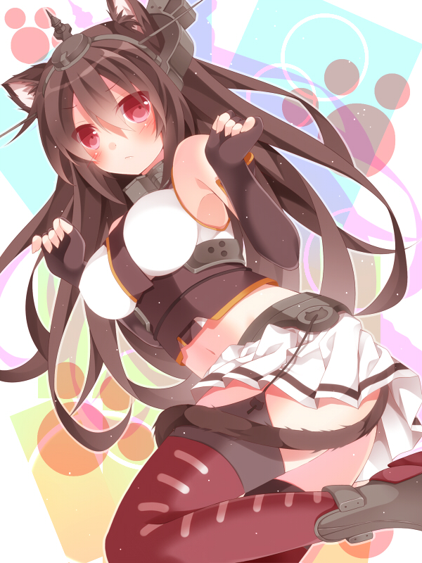 animal_ears breasts brown_hair cat_ears cat_tail fingerless_gloves gloves kantai_collection large_breasts long_hair mogu_(au1127) nagato_(kantai_collection) navel red_eyes skirt solo tail