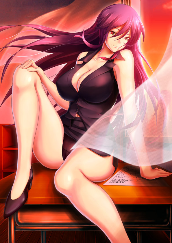 &gt;:) arm_support bare_shoulders black_footwear black_panties black_skirt breasts classroom cleavage collarbone commentary_request curtains curvy desk indoors knee_up large_breasts long_hair on_desk original panties pantyshot pantyshot_(sitting) purple_hair red_eyes school_desk sheet_music shoes sitting sitting_on_desk skirt skirt_set sleeveless smile snappop solo sunset teacher underwear v-shaped_eyebrows wind wind_lift window
