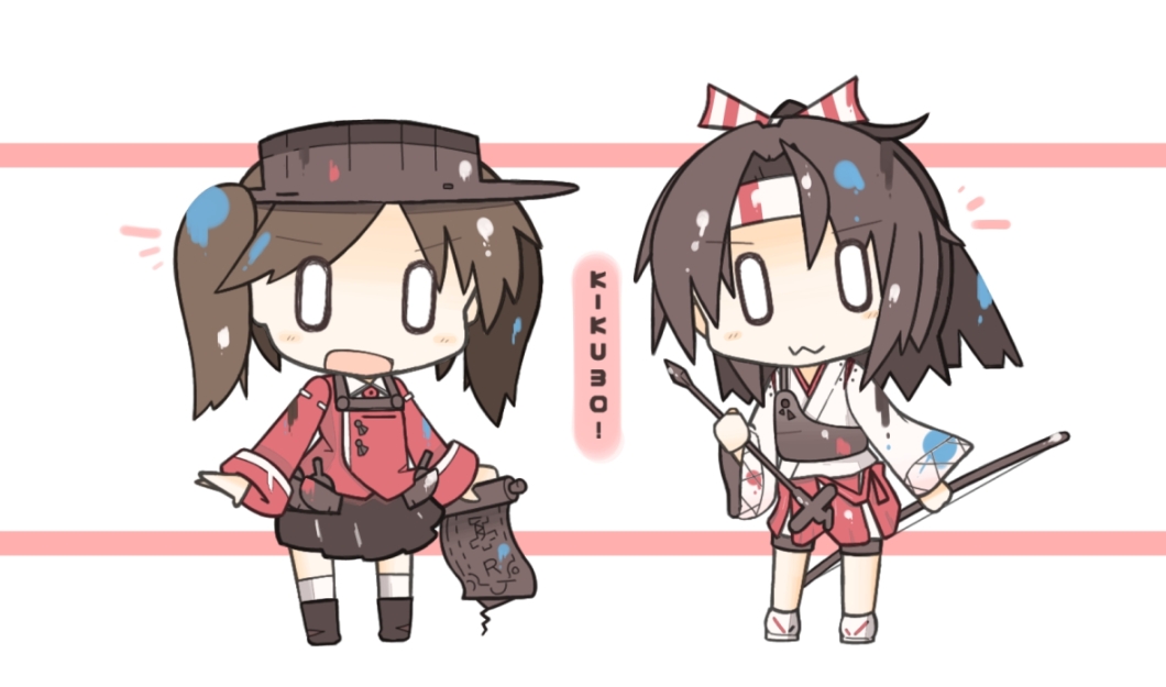 :d abint bad_id bad_pixiv_id black_hair bow bow_(weapon) brown_hair chibi hair_bow headband japanese_clothes kantai_collection kneehighs multiple_girls muneate o_o open_mouth pleated_skirt ponytail ribbon_trim ryuujou_(kantai_collection) skirt smile twintails weapon zuihou_(kantai_collection)