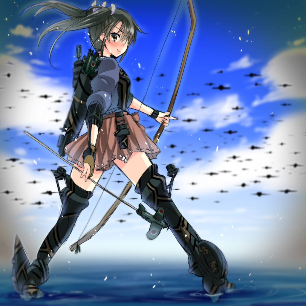aircraft airplane blush boots bow_(weapon) commentary flying gloves hair_ribbon japanese_clothes kantai_collection long_hair looking_at_viewer muneate partly_fingerless_gloves ribbon saki_chisuzu skirt sky smile thigh_boots thighhighs twintails water weapon yugake zuikaku_(kantai_collection)