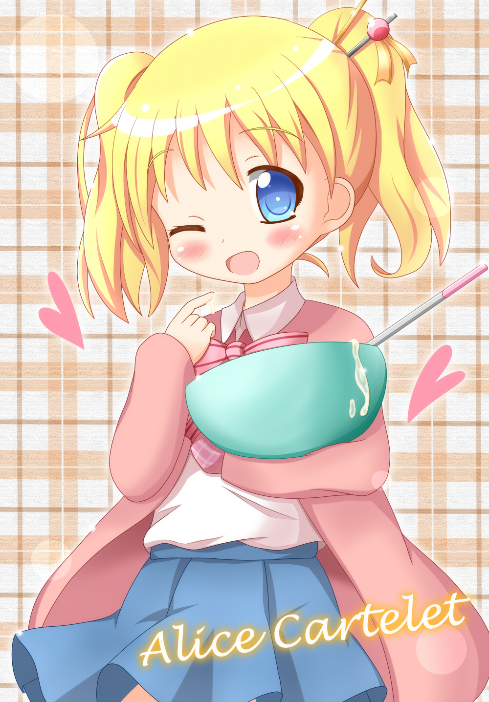 ;d alice_cartelet blonde_hair blue_eyes blush character_name hair_ornament heart highres kin-iro_mosaic mixing_bowl one_eye_closed open_mouth plaid plaid_background school_uniform skirt smile solo twintails zenon_(for_achieve)