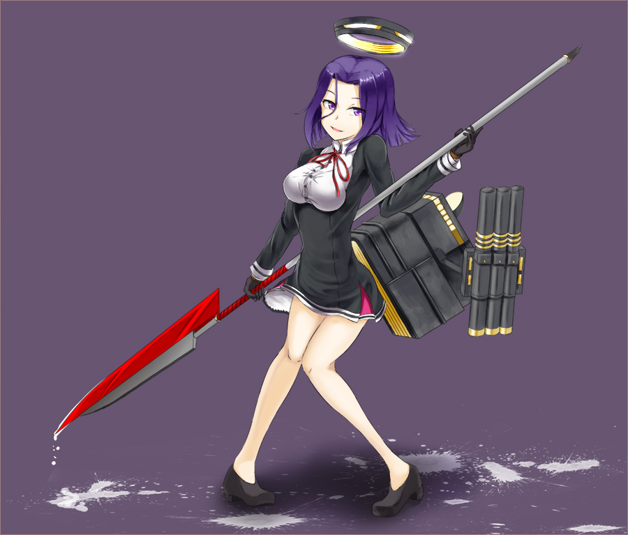 bad_id bad_pixiv_id black_gloves gloves kantai_collection kneehighs long_sleeves looking_at_viewer mechanical_halo purple_background purple_eyes purple_hair short_hair simple_background solo taiki666 tatsuta_(kantai_collection)
