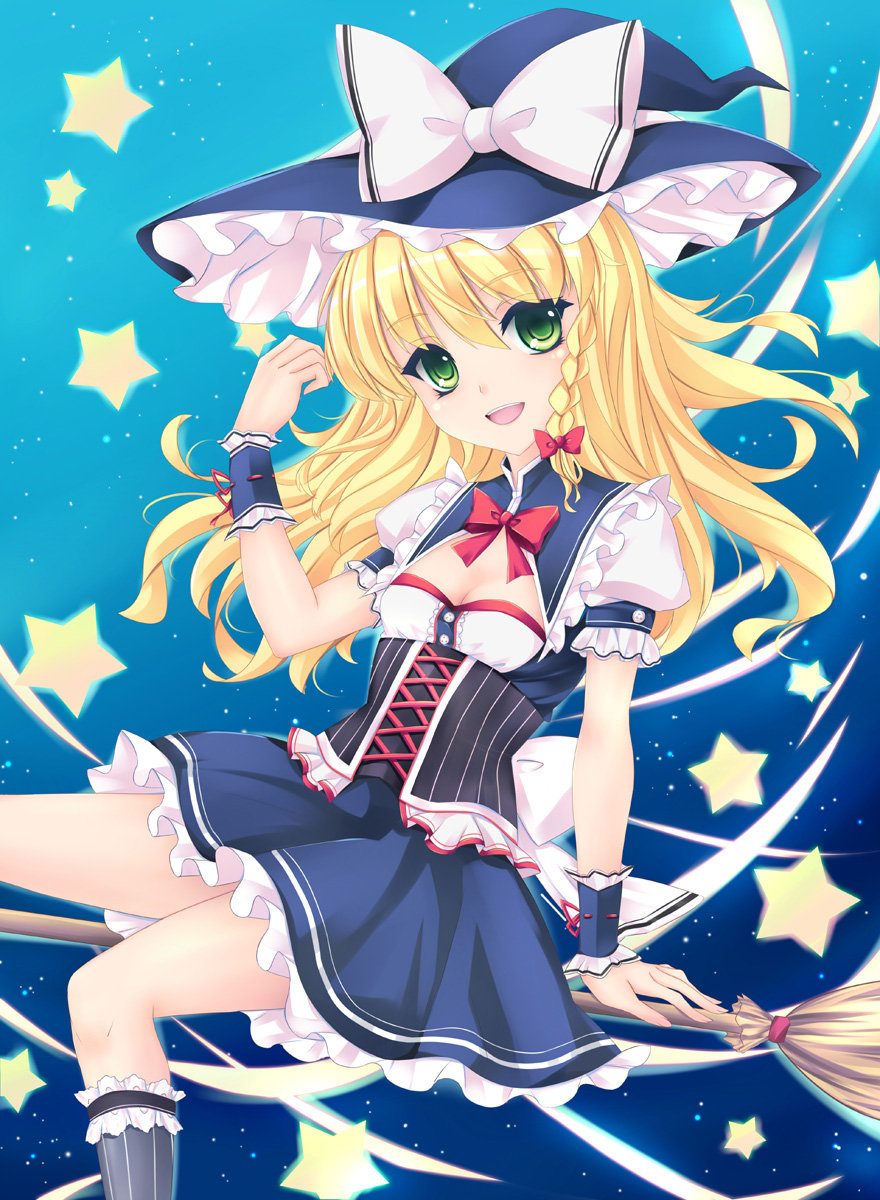 alternate_costume blonde_hair blush bow braid broom broom_riding fred0092 green_eyes hair_bow hat highres kirisame_marisa looking_at_viewer night night_sky open_mouth short_hair sky smile solo star star_(sky) touhou witch_hat wrist_cuffs
