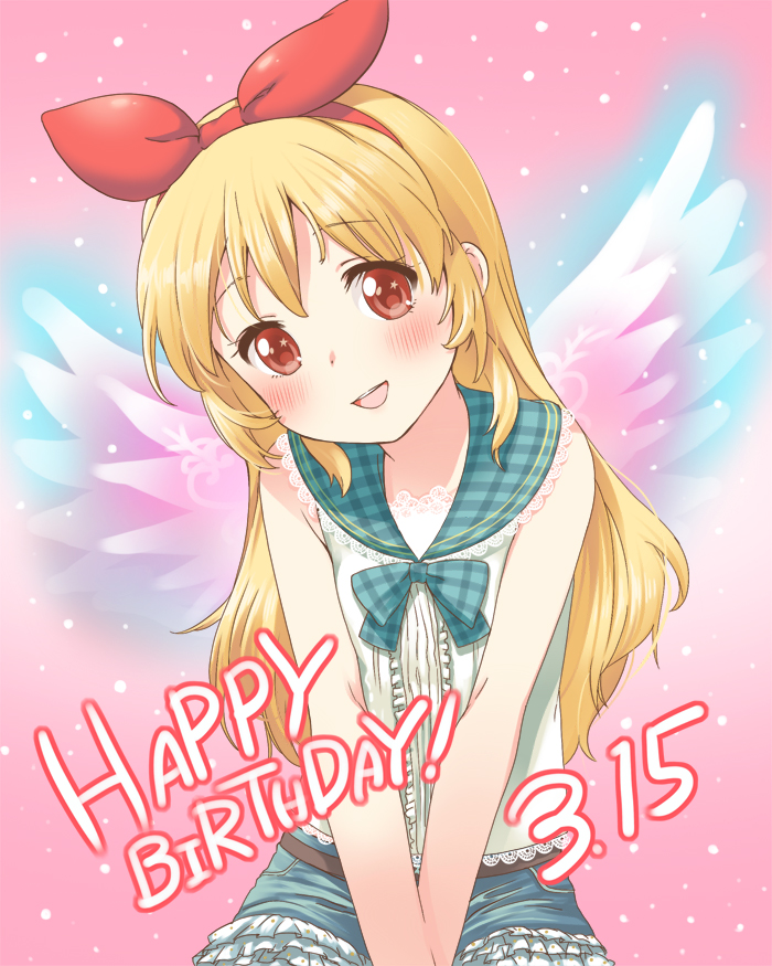 aikatsu! aikatsu!_(series) between_legs birthday blonde_hair blouse blush bow dated english glowing glowing_wings hair_bow hair_ornament hand_between_legs happy_birthday head_tilt hoshimiya_ichigo long_hair looking_at_viewer mitsuki_meiya open_mouth pink_background red_eyes smile solo teeth wings