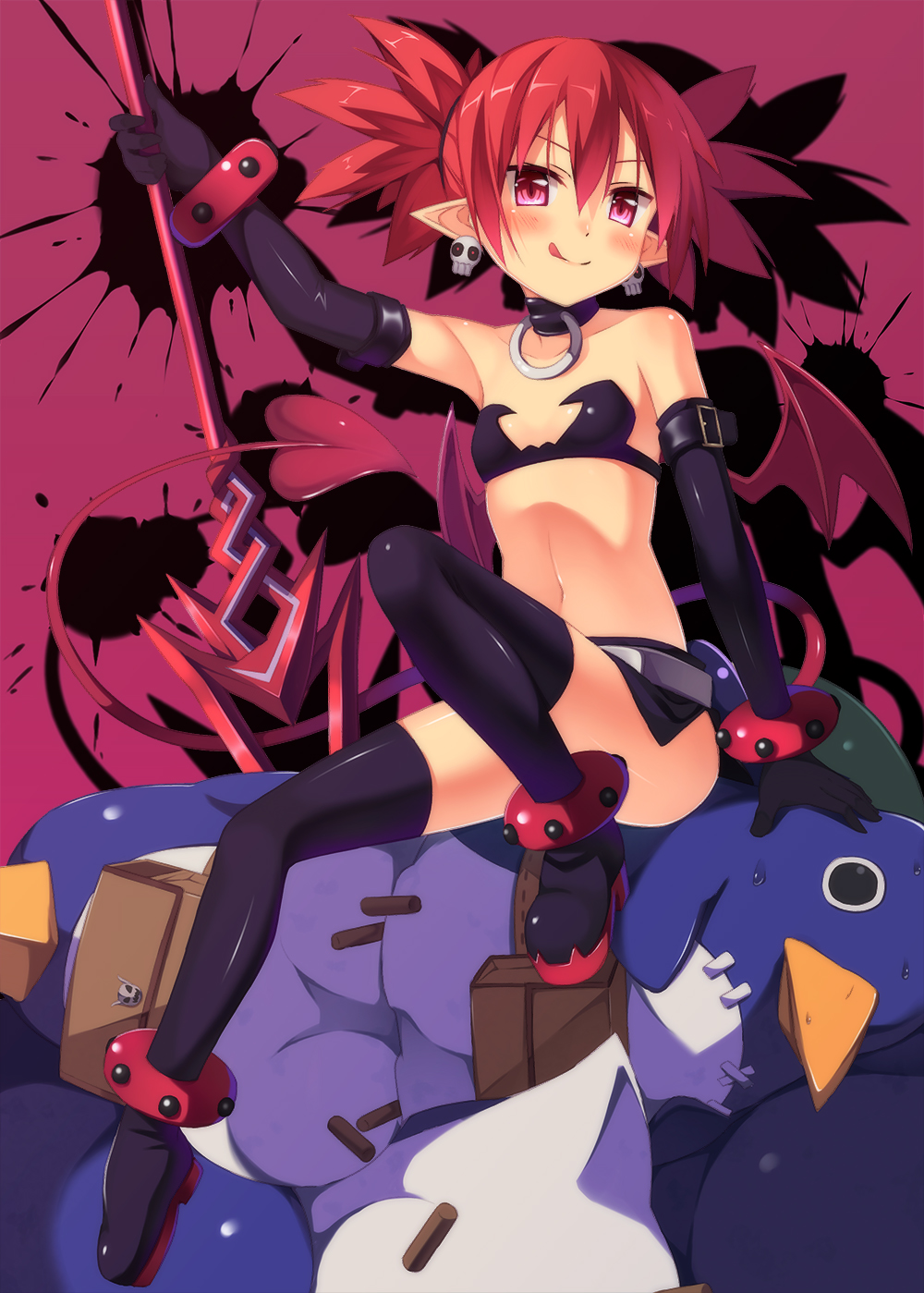 :q anklet bad_id bad_pixiv_id bat_wings bird black_legwear boots bracelet choker disgaea earrings elbow_gloves etna flat_chest full_body gloves highres jewelry kinta_(distortion) makai_senki_disgaea midriff miniskirt navel penguin pointy_ears polearm prinny purple_background red_eyes red_hair short_hair skirt spear sweat thigh_boots thighhighs tongue tongue_out twintails weapon wings