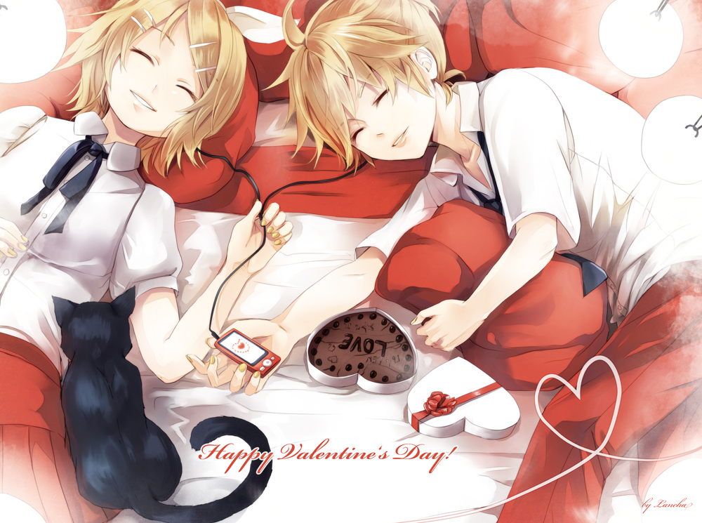 1boy 1girl blonde_hair brother_and_sister cat child eyes_closed kagamine_len kagamine_rin siblings twins valentine vocaloid