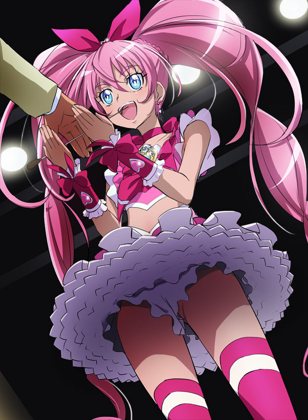 1girl baton_(instrument) blue_eyes bow choker cure_melody frilled_skirt frills haruyama_kazunori heart houjou_hibiki long_hair magical_girl midriff open_mouth pink_bow pink_choker pink_hair pink_legwear precure skirt suite_precure thighhighs twintails very_long_hair