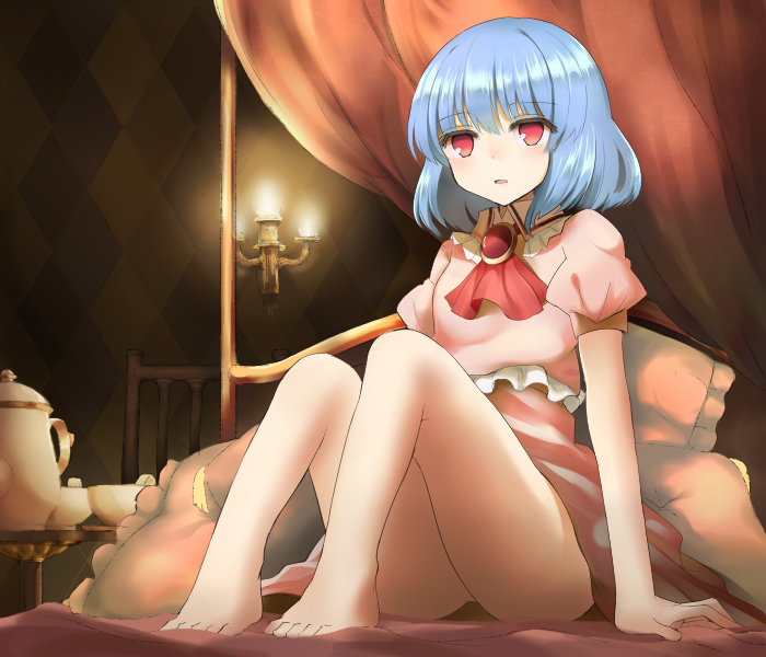 bad_id bad_pixiv_id barefoot bed blue_hair brooch jewelry miya_(tokumei) no_hat no_headwear pillow red_eyes remilia_scarlet short_hair sitting solo teapot touhou