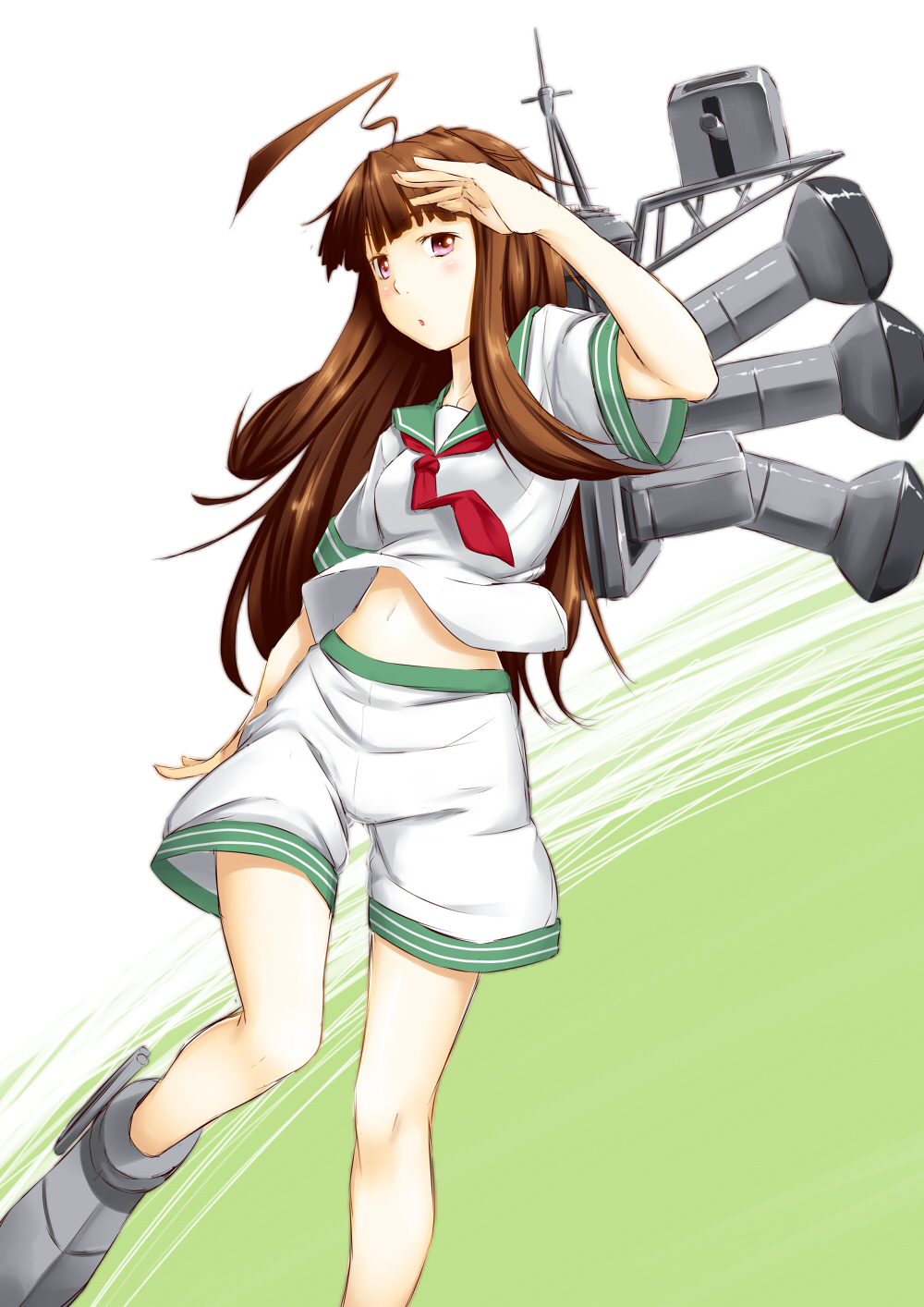 ahoge brown_hair highres kantai_collection kuma_(kantai_collection) long_hair looking_at_viewer niwatazumi purple_eyes school_uniform serafuku shorts solo white_background