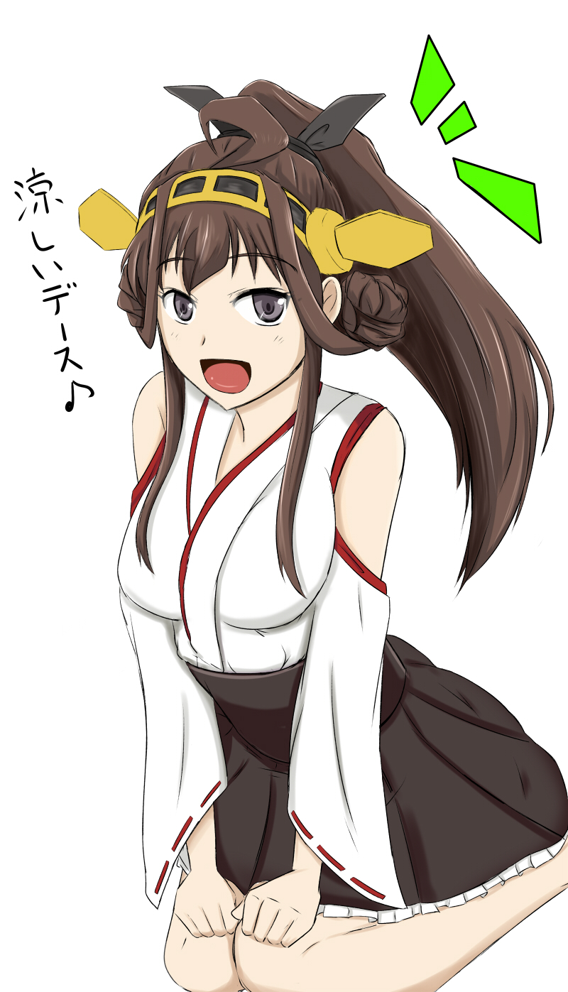 alternate_hairstyle bare_shoulders blush brown_eyes brown_hair detached_sleeves double_bun highres kantai_collection kongou_(kantai_collection) long_hair nontraditional_miko ponytail ribbon-trimmed_sleeves ribbon_trim shigure_ryuunosuke skirt solo translated wide_sleeves