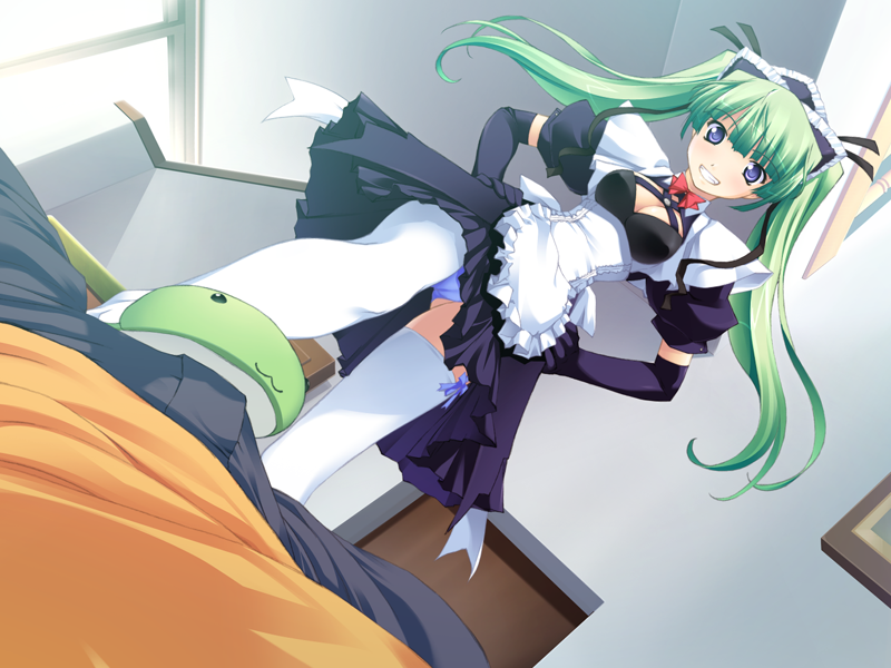 artist_request blue_eyes breasts character_request cleavage dutch_angle emupii_maid_promotion_master footjob galette green_hair homura_yukine maid palette panties smile source_request tamahiyo thighhighs twintails underwear