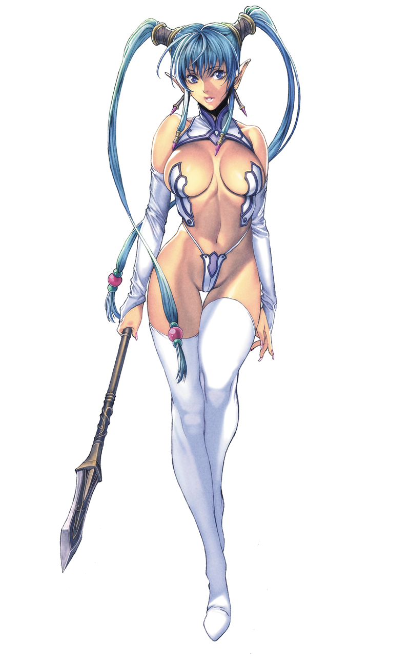 bare_shoulders blue_eyes blue_hair boots breasts detached_sleeves highres homare_(fool's_art) large_breasts long_hair midriff navel original pointy_ears polearm simple_background solo spear thigh_boots thighhighs twintails very_long_hair weapon white_background