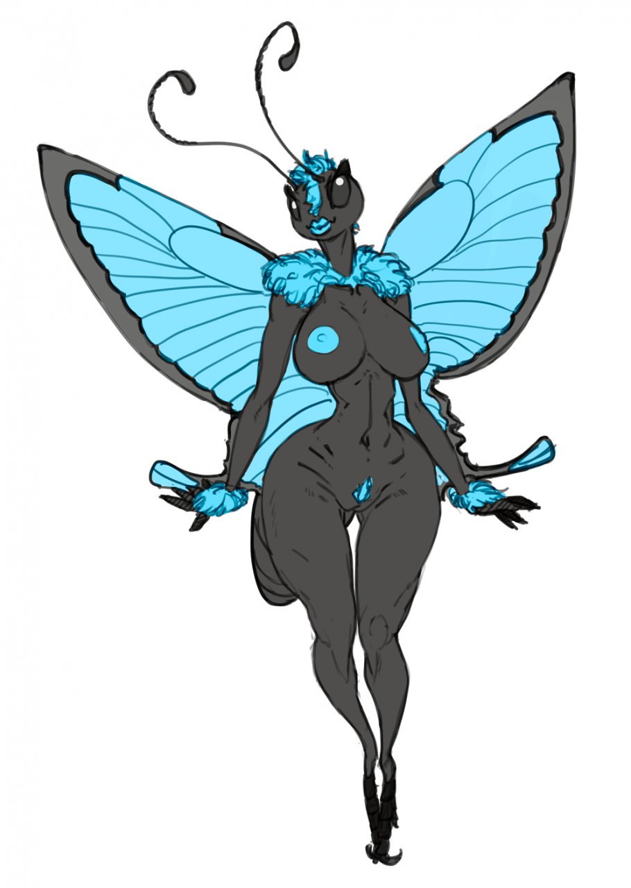 antennae anthro arthropod big_breasts breasts butterfly claws female fur insect nude plain_background pubes pussy robotjoe solo white_background wide_hips wings