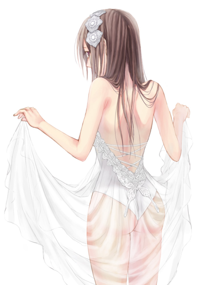 ass back backless_dress backless_outfit bare_shoulders brown_eyes brown_hair dress dress_lift from_behind hair_ornament iria_(yumeirokingyo) long_hair looking_back original see-through solo standing white_background white_dress