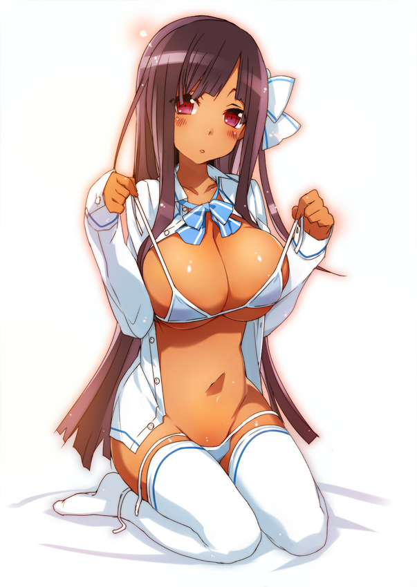 black_hair blush bow bowtie bra breasts bunbun cleavage dark_skin groin hair_bow huge_breasts long_hair looking_at_viewer navel no_pants open_clothes open_shirt original panties parted_lips red_eyes seiza shirt side-tie_panties sidelocks simple_background sitting sleeves_past_wrists solo string_panties thighhighs underwear untied very_long_hair white_background white_legwear