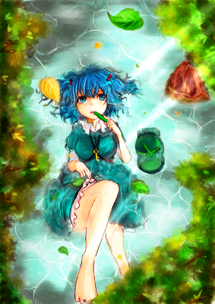 autumn_leaves bad_id bad_pixiv_id bare_legs barefoot blue_eyes blue_hair breasts cucumber eating food_in_mouth hair_bobbles hair_ornament hat hat_removed headwear_removed kawashiro_nitori key knee_up looking_at_viewer lying medium_breasts on_back paguningen partially_submerged short_hair skirt_hold solo touhou two_side_up water