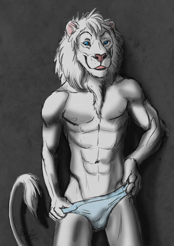 abs abstract_background anthro blue_eyes briefs bulge clothing eosfoxx feline front fur lion looking_at_viewer male mammal mane navel pink_nose pinup pose solo standing tail_tuft topless tuft underwear undressing white_fur white_lion whitelion whitey