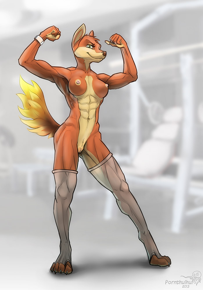 anthro biceps breasts canine claws dog female flexing fox hybrid leggins legwear mammal muscles muscular_female navel nipples nude pornthulhu pose presenting pussy smile solo standing stockings