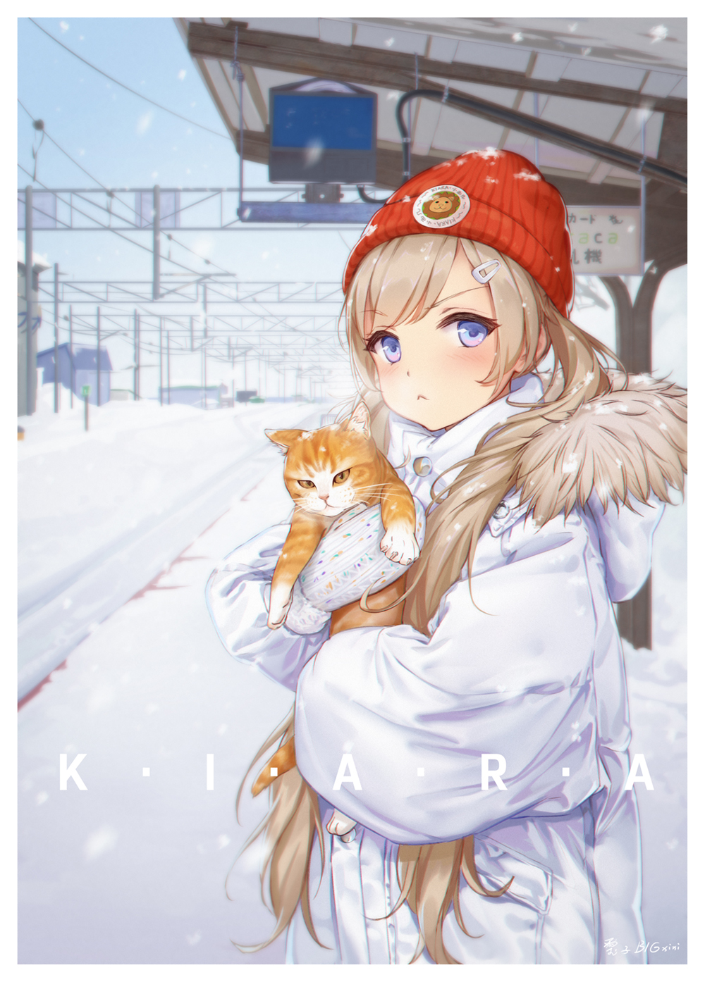 1girl :&lt; animal_ear_fluff animal_hood bangs beanie blue_eyes blue_sky blurry blurry_background blush breath brown_eyes cat closed_mouth commentary_request day depth_of_field eyebrows_visible_through_hair fur-trimmed_hood fur_trim hair_ornament hairclip hat highres hood hood_down hooded_jacket jacket light_brown_hair long_hair looking_at_viewer maou_renjishi mittens original outdoors power_lines red_hat signature sky snow snowing solo upper_body very_long_hair white_jacket white_mittens winter